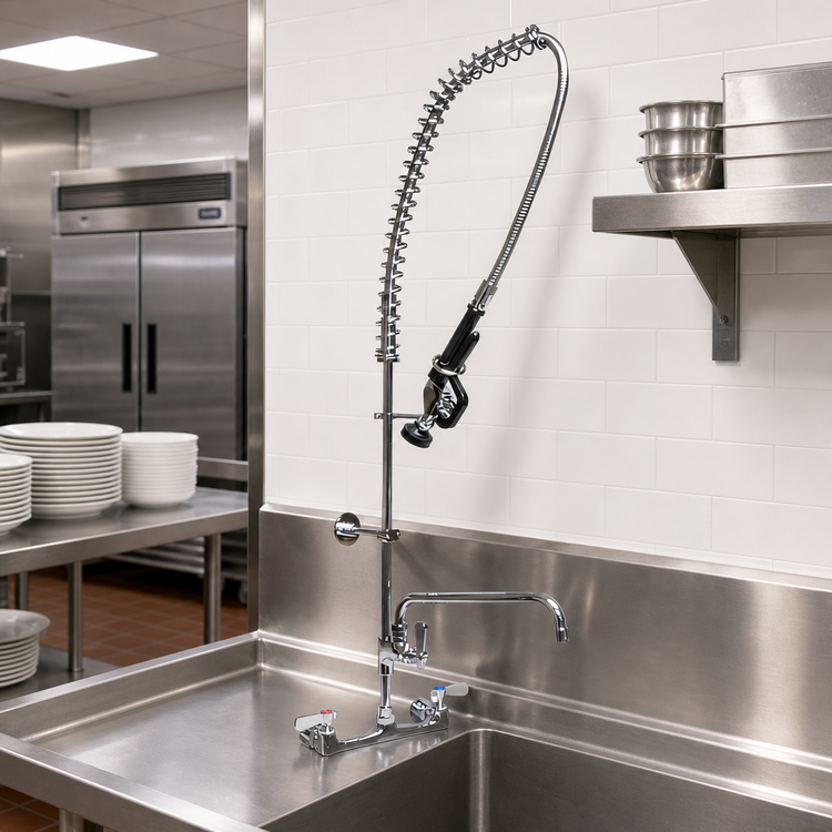 Product image #2 for BK Resources WorkForce 8-Inch Splash Mount Lead-Free Pre-Rinse Assembly with 18-Inch Add-On Faucet