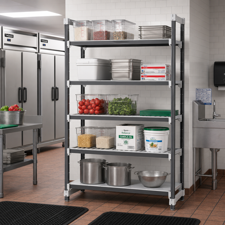 Product image #2 for Cambro Camshelving Elements XTRA 5-Tier Stationary Starter Unit, 18-Inch Deep x 54-Inch Long x 84-Inch High, 4 Vented + 1 Solid Shelves, Speckled Gray
