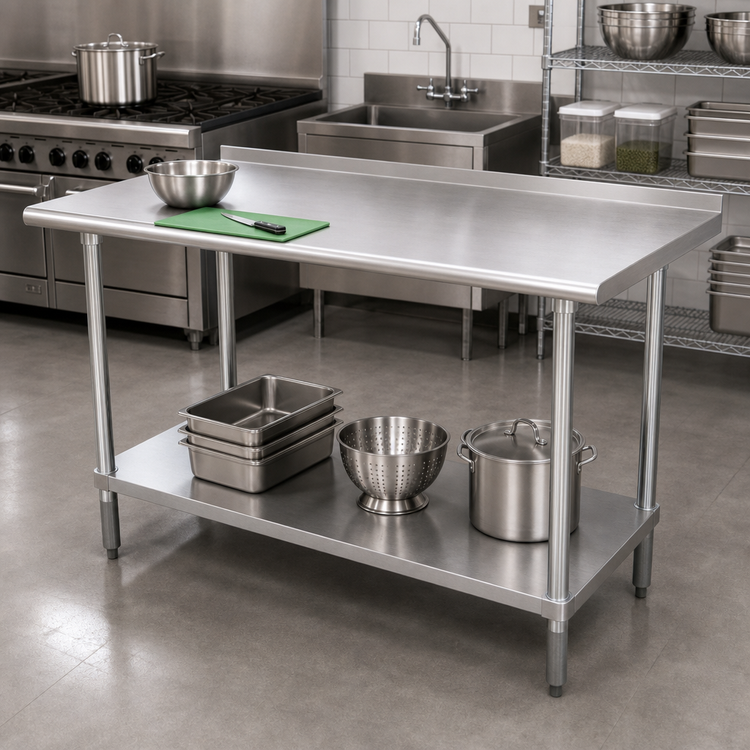 Product image #2 for Advance Tabco 60 Inch x 36 Inch 16 Gauge 430 Stainless Steel Work Table with 1-1/2 Inch Rear Up-Turn and Galvanized Undershelf