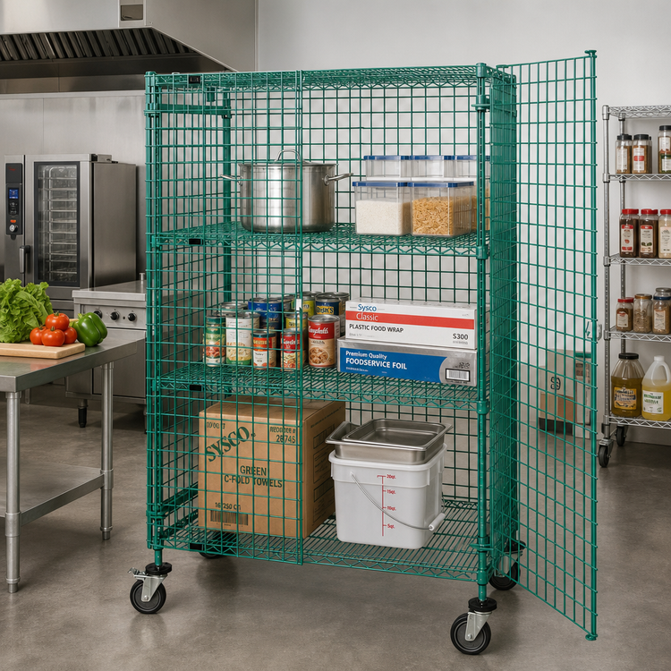 Product image #2 for Quantum Mobile Wire Security Cage with 2 Intermediate Shelves, 36 in. W x 18 in. D x 69 in. H, Green Epoxy