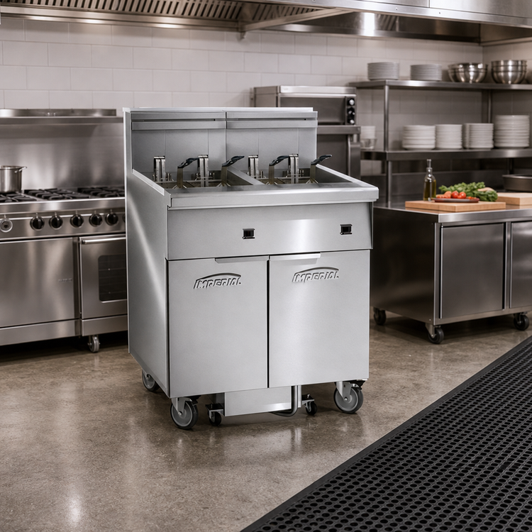 Product image #2 for Imperial Electric 3-Battery Floor Model Fryer with Built-In Space Saver Filter System, 75 lb. Tanks, Tilt-Up Elements