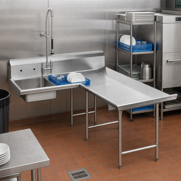 Product image #2 for Advance Tabco L-Shaped Right-Hand Dishlanding Soil Dishtable with Landing and Pre-Rinse Sink, 143-Inch, 14-Gauge 304 Stainless Steel