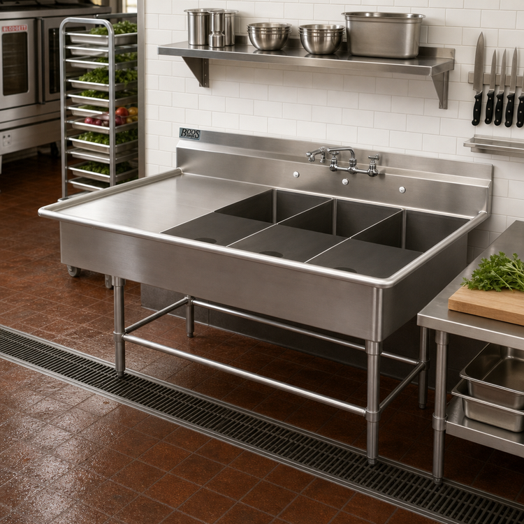 Product image #2 for John Boos Pro-Bowl 3-Compartment Platter Sink with Left-Hand Drainboard, 12-Inch Deep Bowls, 14-Gauge Type 300 Stainless Steel