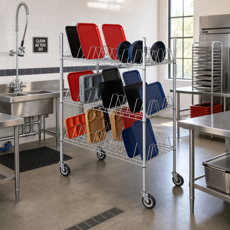 Product image #2 for Mobile Aluminum Wire Glass/Oval Tray Drying Rack, 3-Shelf, 45-Tray Capacity