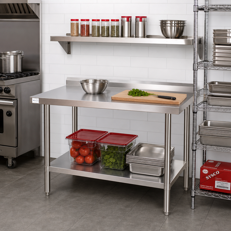 Product image #2 for Klinger's Trading ABST3014 14-Inch x 30-Inch Stainless Steel Filler Work Table with 2-Inch Backsplash and Undershelf