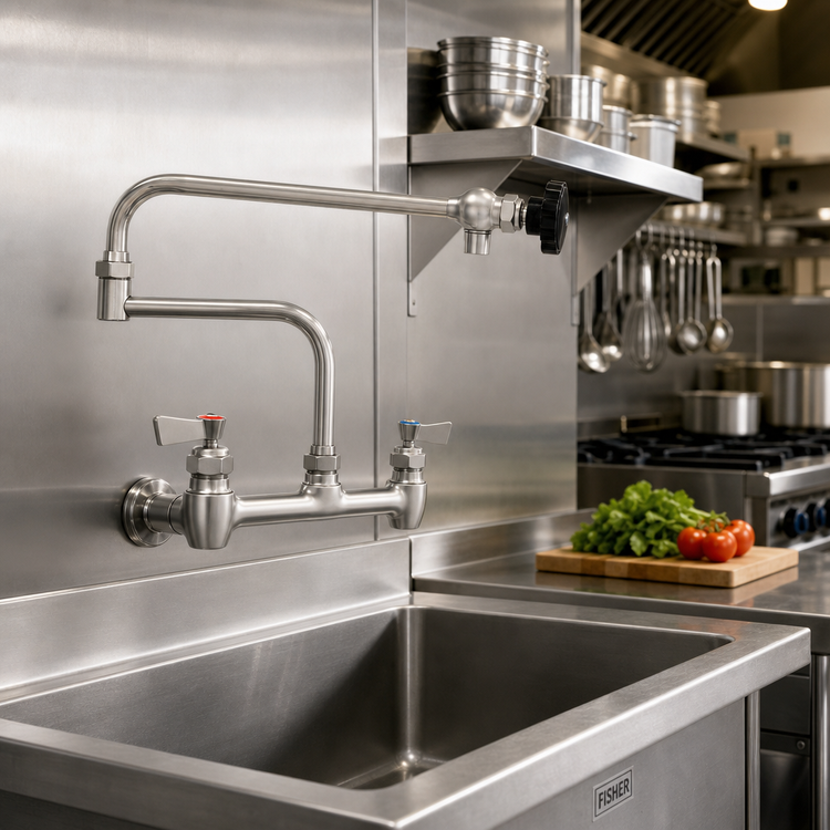 Product image #2 for Fisher 8 Inch Adjustable Wall Mount Pre-Rinse Faucet with 12 Inch Control Swing Spout and 7 Inch Double-Jointed Spout, Stainless Steel