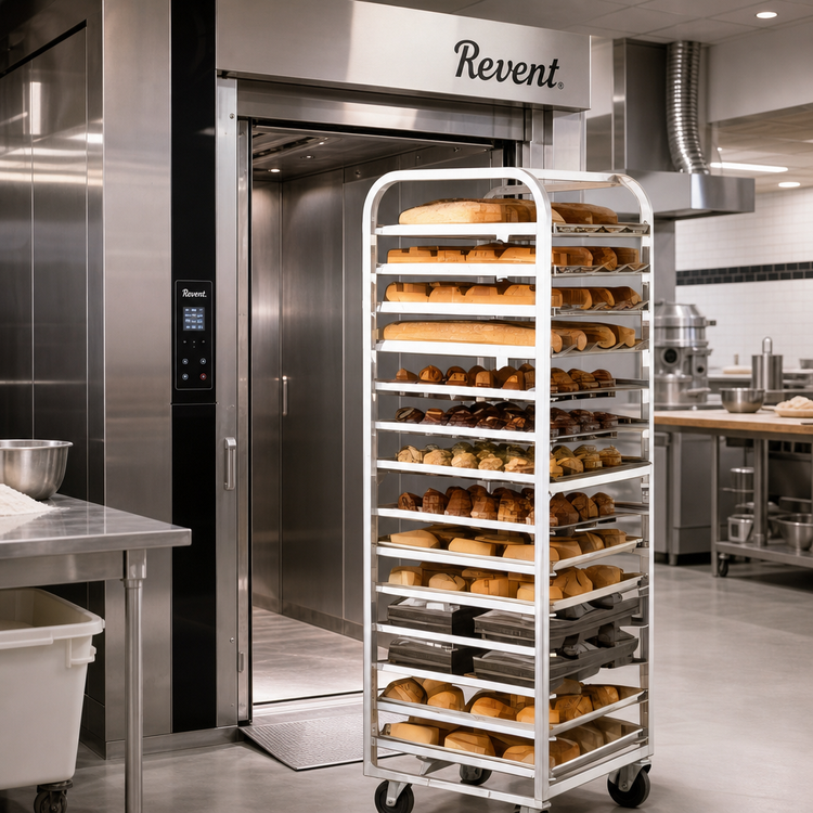Product image #2 for Adamatic/Revent Roll-In Oven Rack, A-Style Lift, 10-Pan Capacity, Single End Load, Aluminum