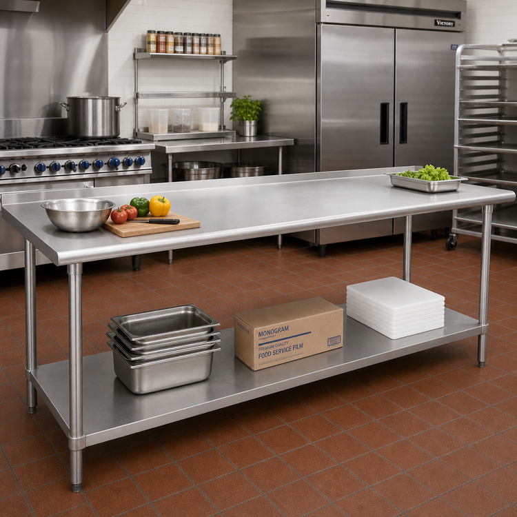 Product image #2 for Advance Tabco FLG-3610 120" x 36" 304 Stainless Steel Work Table with Galvanized Undershelf and 1-1/2" Rear Up-Turn