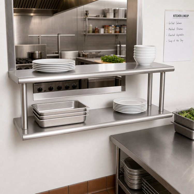 Product image #2 for BK Resources Double Tier Wall Mounted Pass-Through Shelf, 36 x 18 Inches, 304 Stainless Steel