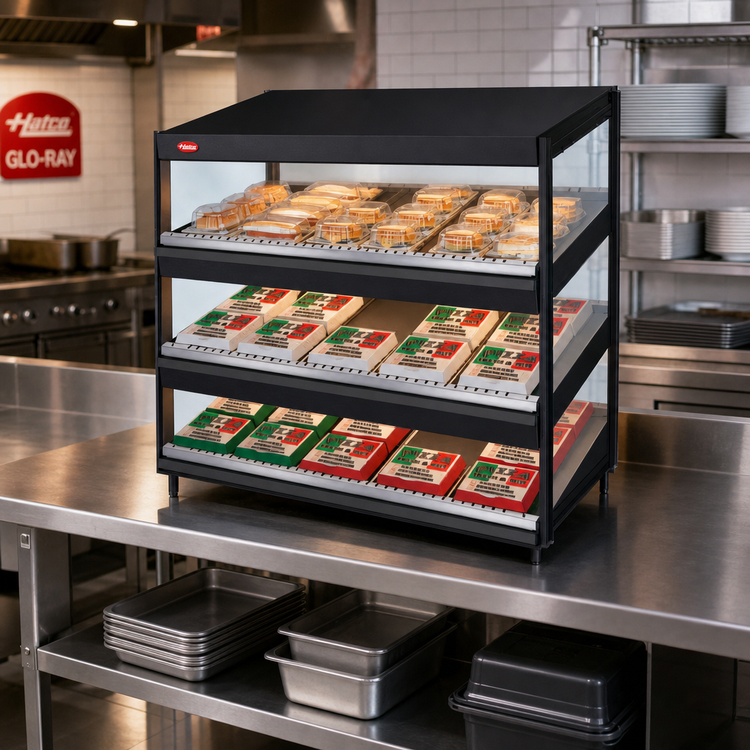 Product image #2 for Hatco Glo-Ray 36-Inch Countertop Pass-Through Merchandising Warmer with 3-Tier Slanted Shelves