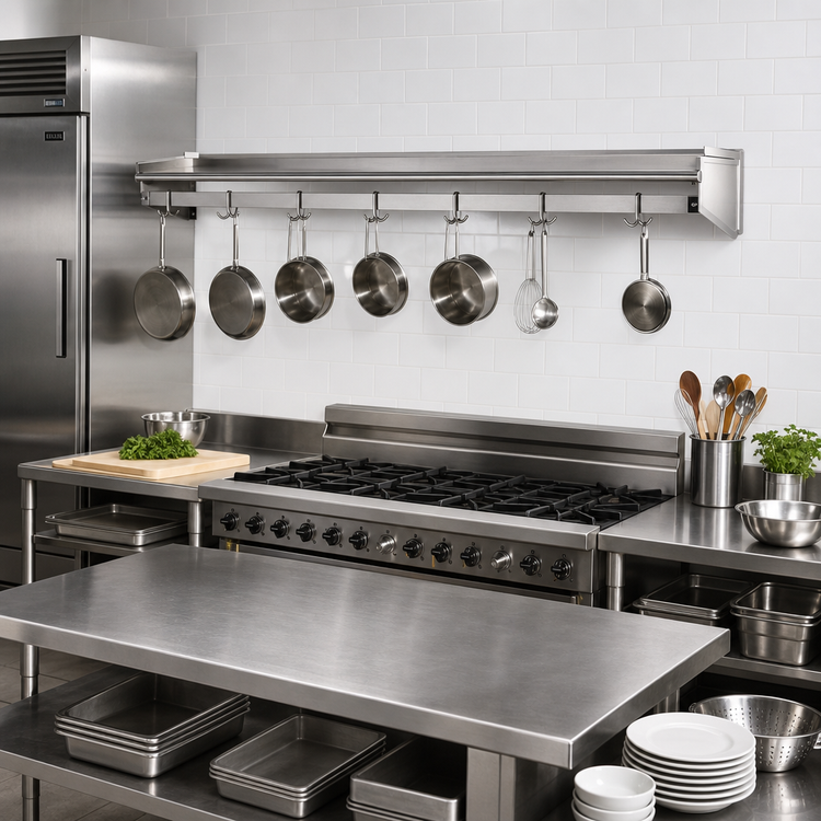 Product image #2 for Eagle Group 120-Inch x 12-Inch Wall-Mounted Stainless Steel Pot Rack Shelf with 10 Hooks