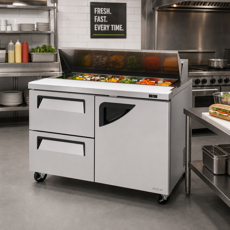 Product image #2 for Turbo Air Super Deluxe 2-Section Sandwich/Salad Prep Table with 2 Drawers and 1 Door, 48-1/4 Inch, 15 Cu. Ft.