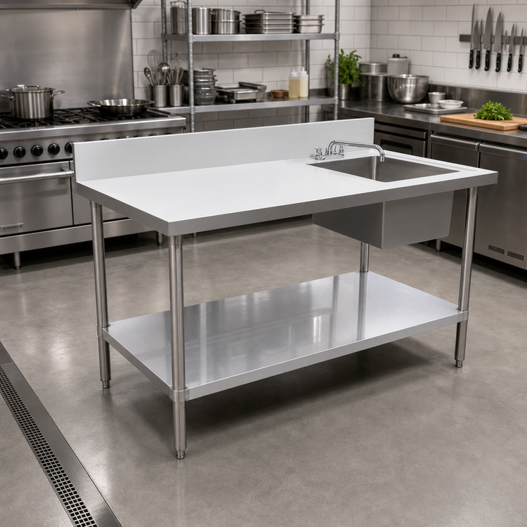 Product image #2 for 60-Inch x 24-Inch Stainless Steel Work Table with Right-Side Prep Sink, Backsplash, and Undershelf
