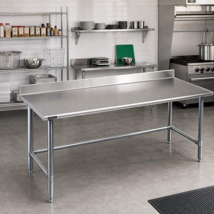 Product image #2 for Eagle Deluxe Series 144-Inch x 24-Inch 16-Gauge Stainless Steel Work Table with 4-1/2-Inch Backsplash and Galvanized Tubular Base