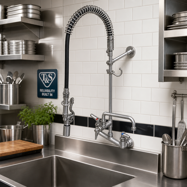 Product image #2 for T&S Brass EasyInstall Wall Mount Pre-Rinse Unit with Add-On Faucet, 10-Inch Swing Nozzle, and 44-Inch Hose