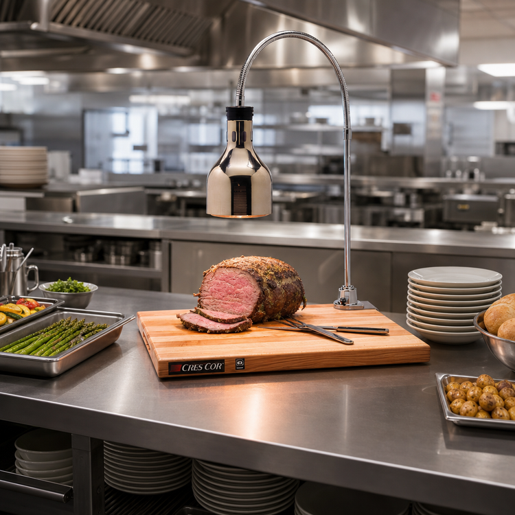 Product image #2 for Cres Cor Countertop Flexible Arm Carving Station with Polished Nickel Hood, Maple Cutting Board, and 250 Watt Infrared Lamp