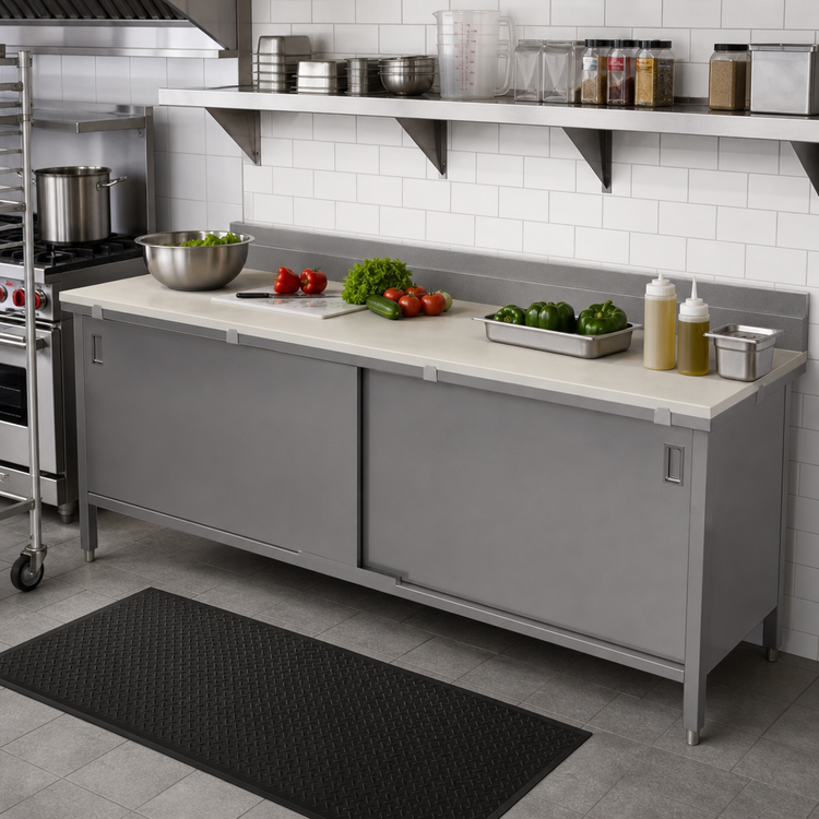 Product image #2 for John Boos 132-Inch x 30-Inch Cabinet Base Poly Top Work Table with Sliding Doors and 5-Inch Backsplash