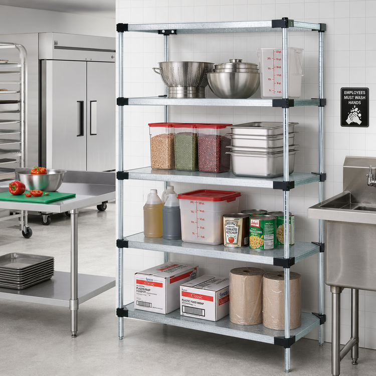 Product image #2 for Quantum Stationary Solid Shelving Starter Kit with 4 Solid Shelves and 4 Posts, 42W x 18D x 74H