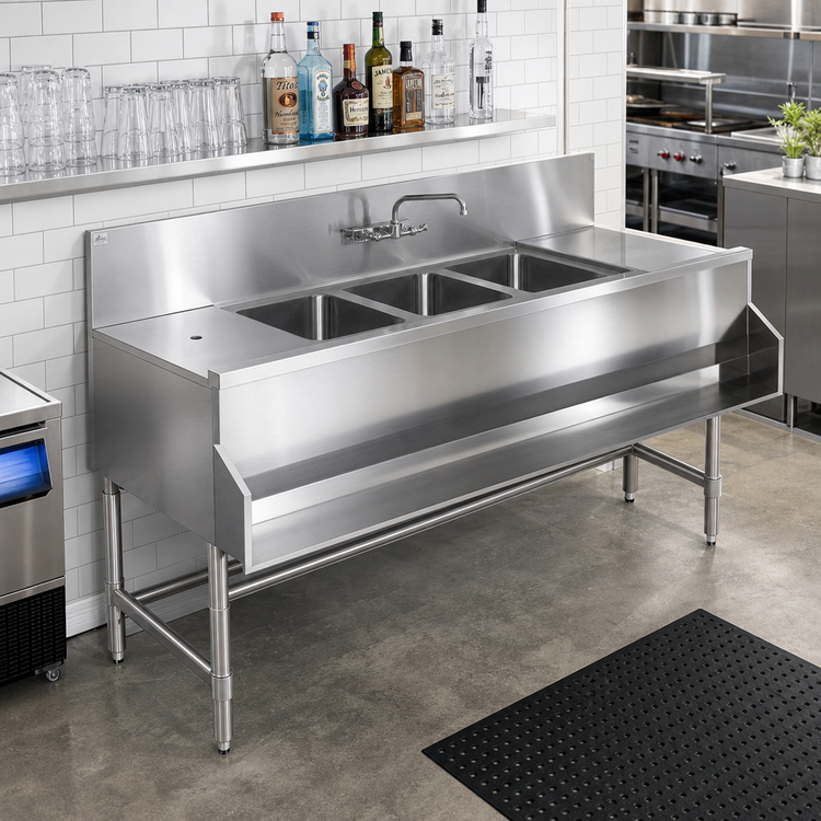 Product image #2 for Spec-Bar 72-Inch Left Drainboard Three-Compartment Underbar Sink Unit, 24-Inch Deep