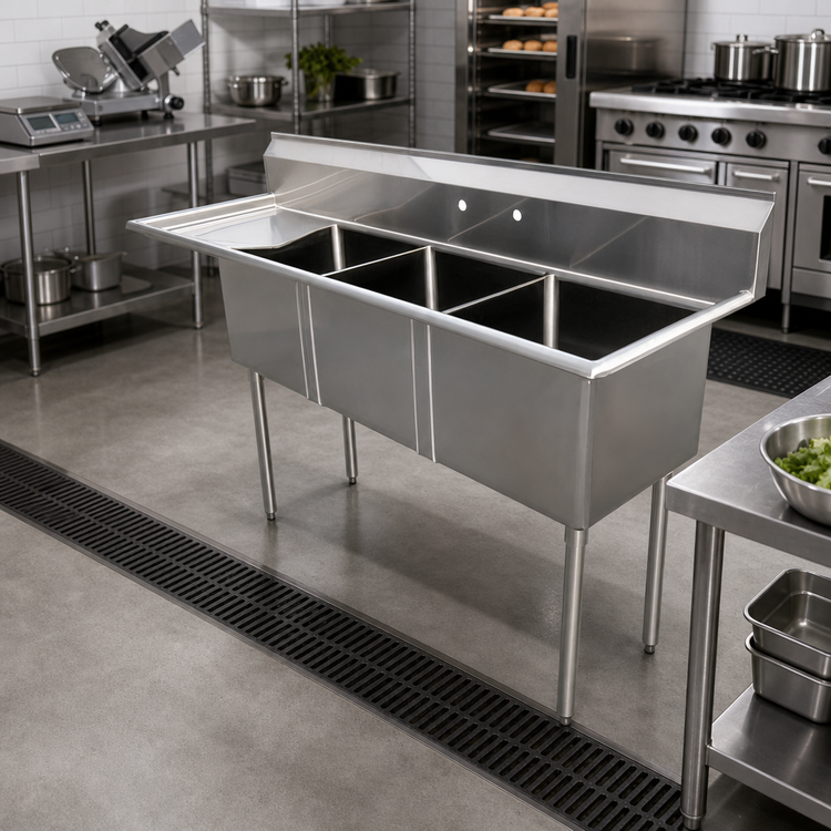 Product image #2 for Omcan 3-Compartment Floor Model Pot Sink with Left Drainboard, 18-Gauge 304 Stainless Steel