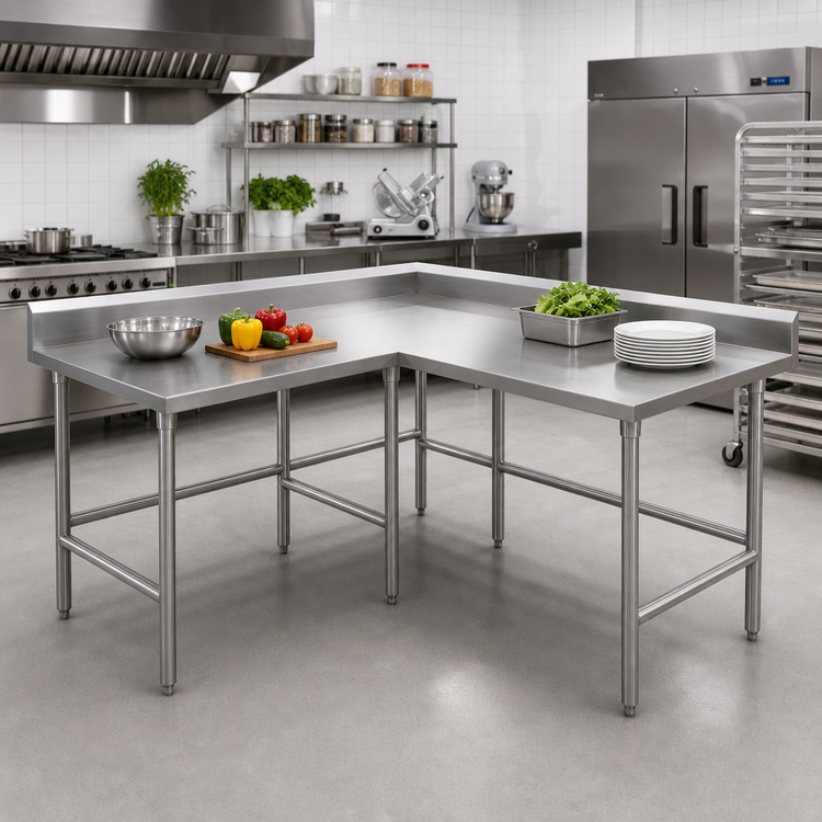 Product image #2 for Advance Tabco L-Shaped Corner Stainless Steel Work Table, 144 x 60 Inches, 30-Inch Deep, 14-Gauge 304 Top, 5-Inch Backsplash
