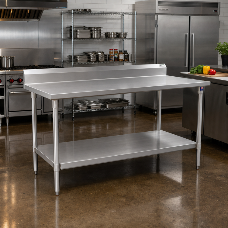 Product image #2 for John Boos Stallion 108" x 36" 16-Gauge 300 Series Stainless Steel Work Table with 5" Backsplash and Adjustable Undershelf