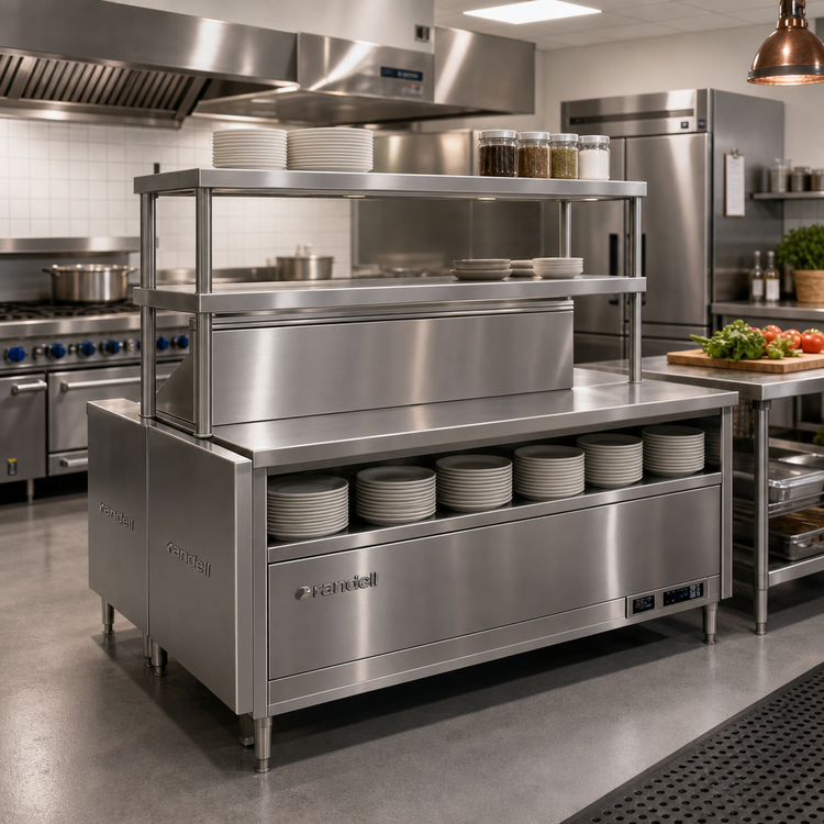 Product image #2 for Randell RCL-97.5 Modular Chef Service Counter Chef-Side Left Section with Plate Storage Cabinet, Double Overshelf, and Wing Wall