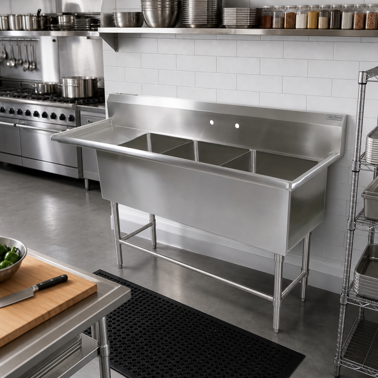 Product image #2 for John Boos Pro-Bowl Freestanding 3-Compartment Stainless Steel Sink with Left Drainboard and 18" x 24" x 12" Bowls