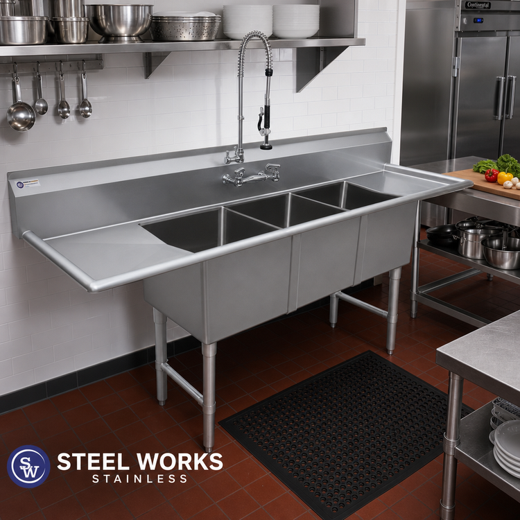 Product image #2 for Steel Works Stainless 18-Gauge 304 Stainless Steel Three Compartment Sink with Left and Right 10-Inch Drainboards