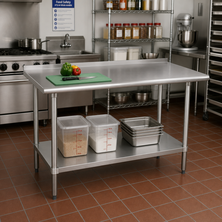 Product image #2 for Advance Tabco Special Value 48-Inch x 30-Inch Stainless Steel Work Table with 1-1/2-Inch Rear Backsplash and Adjustable Undershelf