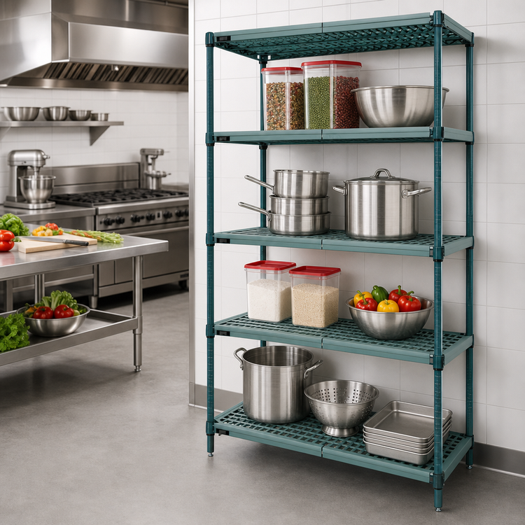 Product image #2 for Quantum 4-Tier Wire Plastic Mat Stationary Shelving Unit, 54W x 18D x 74H, Green Epoxy Antimicrobial