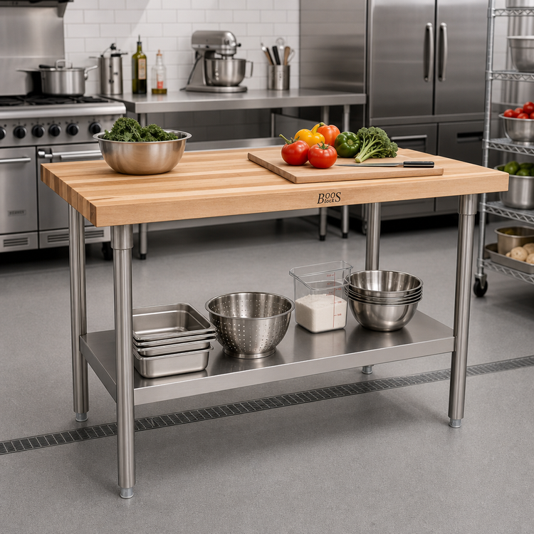 Product image #2 for John Boos 48-Inch x 24-Inch Northern Hard Rock Maple Wood Top Work Table with Stainless Steel Legs and Adjustable Undershelf