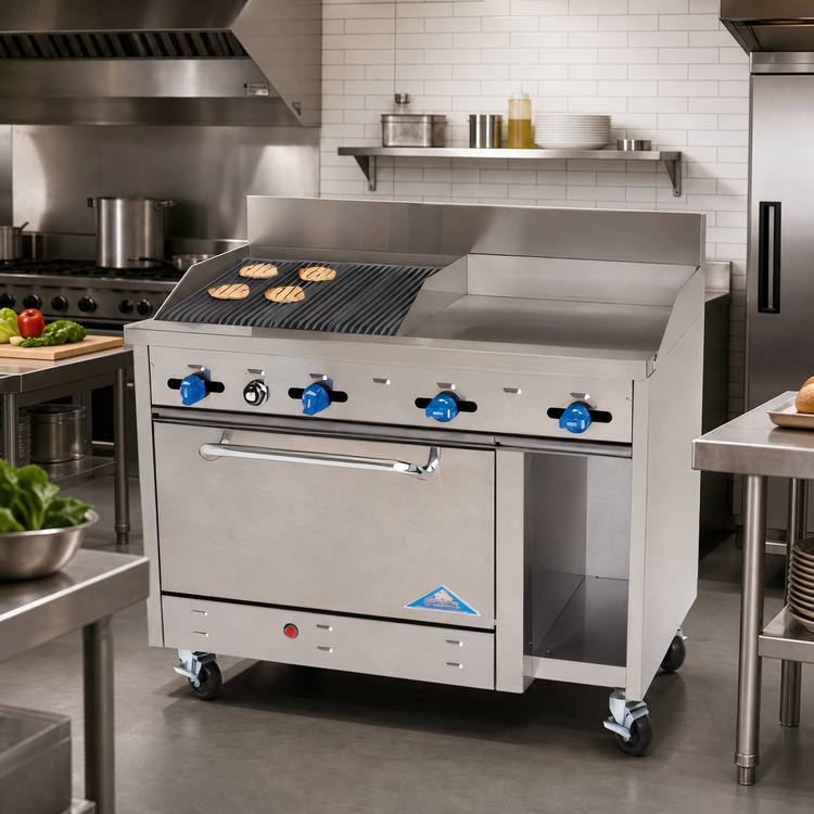 Product image #2 for Comstock-Castle 48-Inch Commercial Gas Range with 18-Inch Griddle, 30-Inch Char-Broiler, 31-Inch Oven, Cabinet Base, and High Backguard