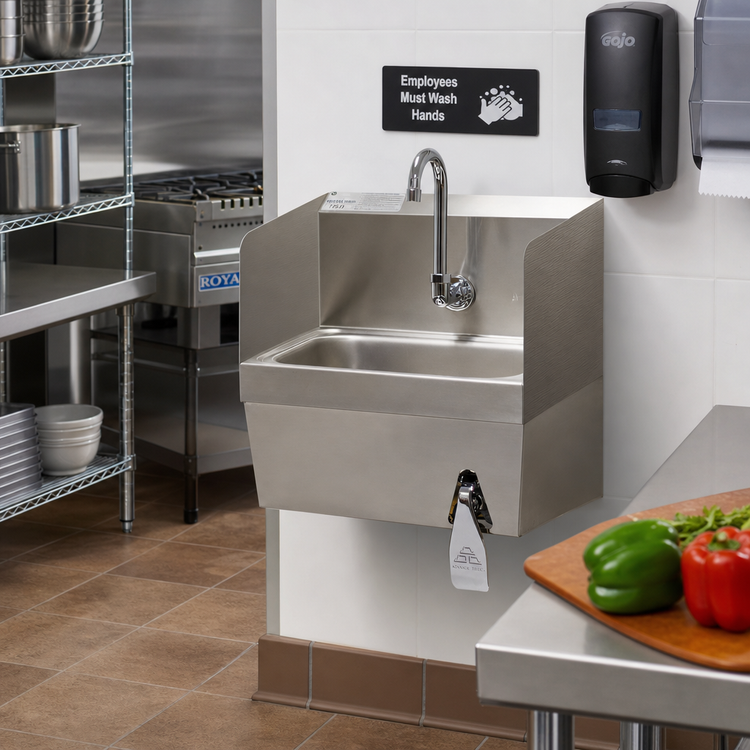 Product image #2 for Advance Tabco 7-PS-59 Wall-Mounted Stainless Steel Hand Wash Sink with 10" x 14" x 5" Bowl, Knee Valve and Gooseneck Faucet