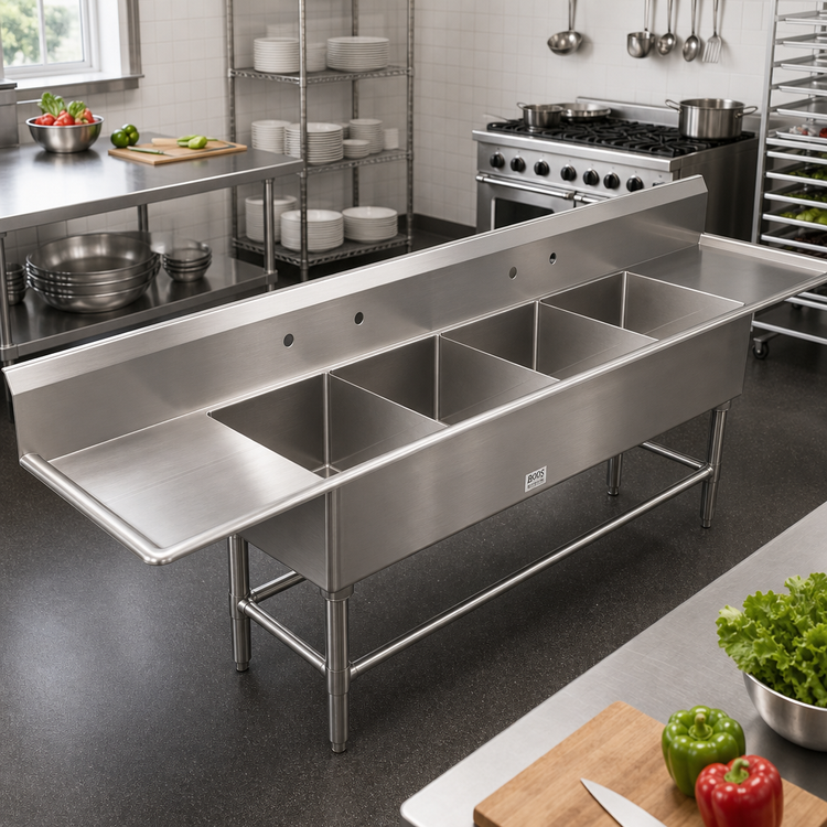 Product image #2 for John Boos Pro-Bowl 4-Compartment Stainless Steel Sink with Left and Right Drainboards, 20" x 20" x 12" Bowls