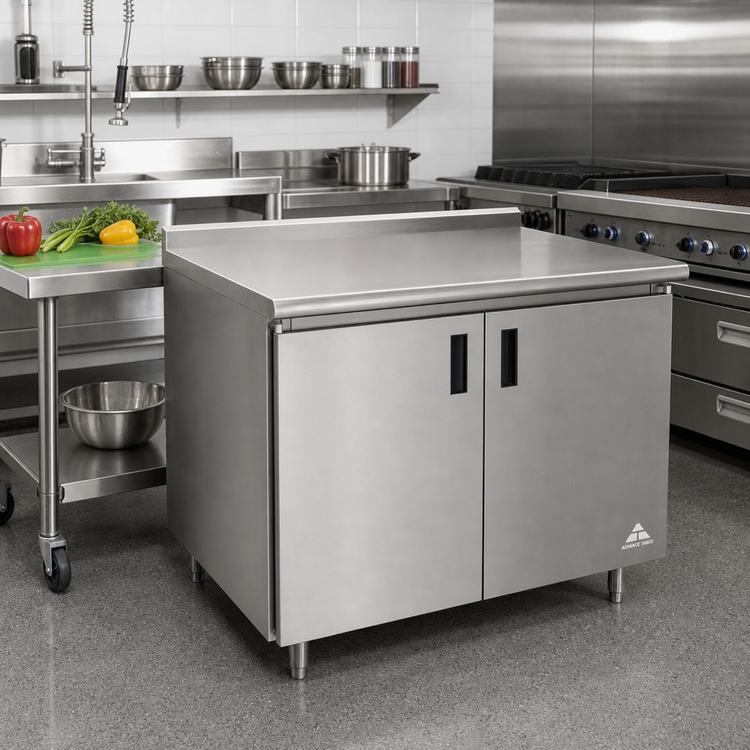 Product image #2 for Advance Tabco 36 x 24 Inch Enclosed Work Table with Cabinet Base, Mid-Shelf and Hinged Doors, 14 Gauge 304 Stainless Steel Top