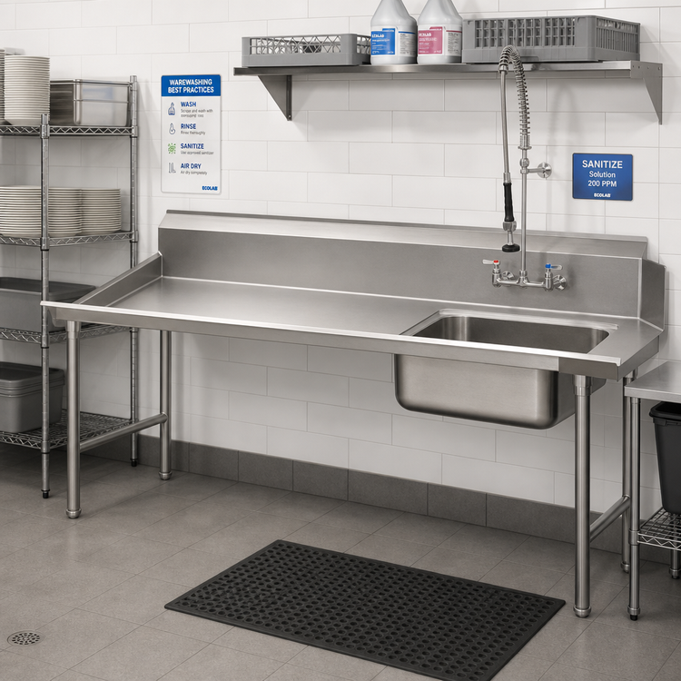 Product image #2 for Advance Tabco Special Value Straight Soil Dishtable with Pre-Rinse Sink, Left-to-Right, 95 Inch, 16 Gauge 304 Stainless Steel