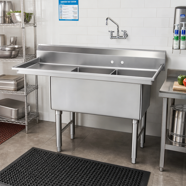 Product image #2 for Advance Tabco 2-Compartment Fabricated Stainless Steel Sink with 18-Inch Left Drainboard, 20 x 30 x 14-Inch Bowls