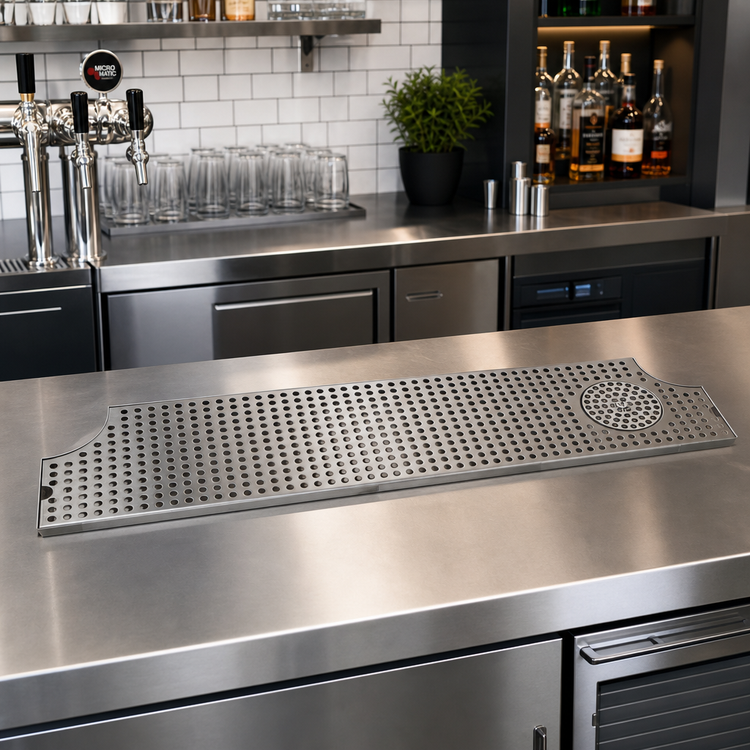 Product image #2 for Micro Matic Surface Mount Stainless Steel Drip Tray Trough with Integral Glass Rinser and Metropolis H Cutout, 52 Inch