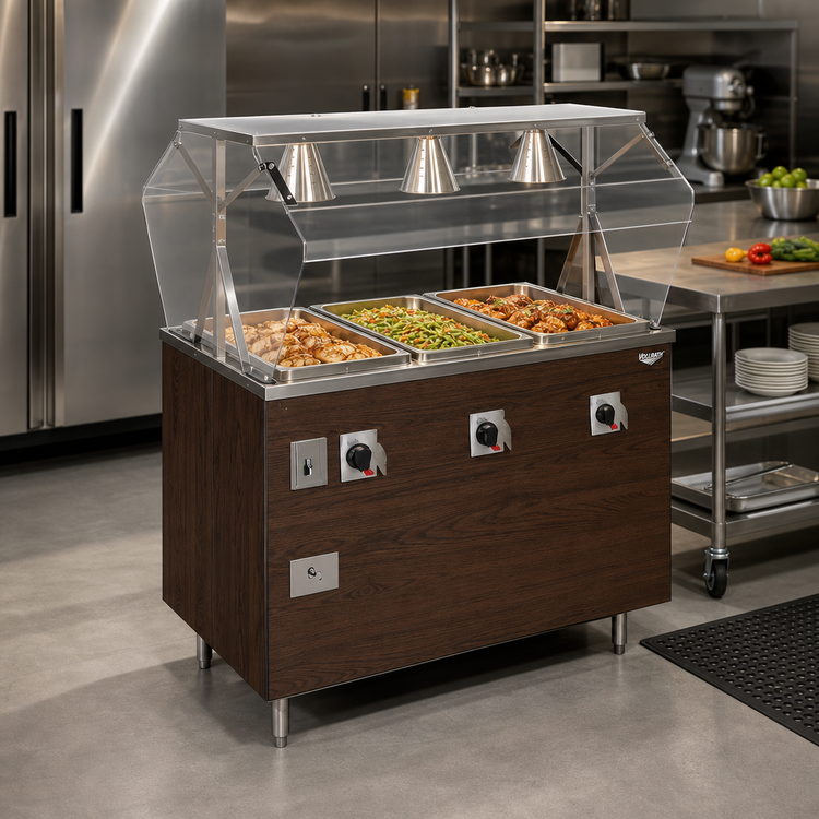Product image #2 for Vollrath 2-Series Affordable Portable 3-Well Hot Food Station, 46-Inch Wide, Walnut Woodgrain Enclosed Base with Buffet Breath Guard