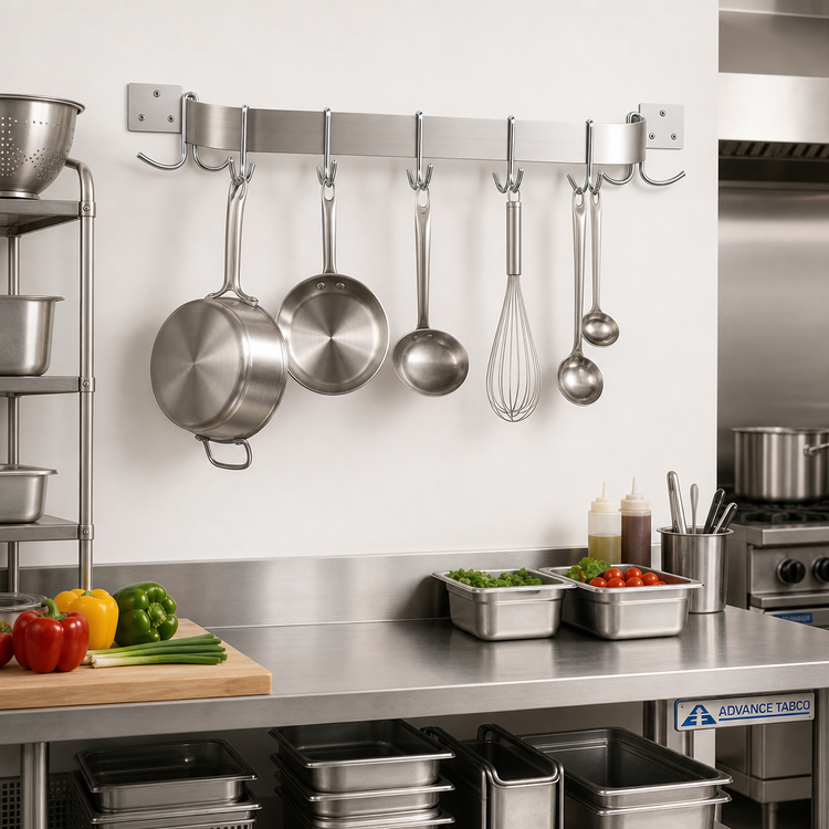 Product image #2 for Advance Tabco Special Value Series Wall-Mounted Single Bar Stainless Steel Pot Rack, 72 Inch Bar with 9 Double Hooks