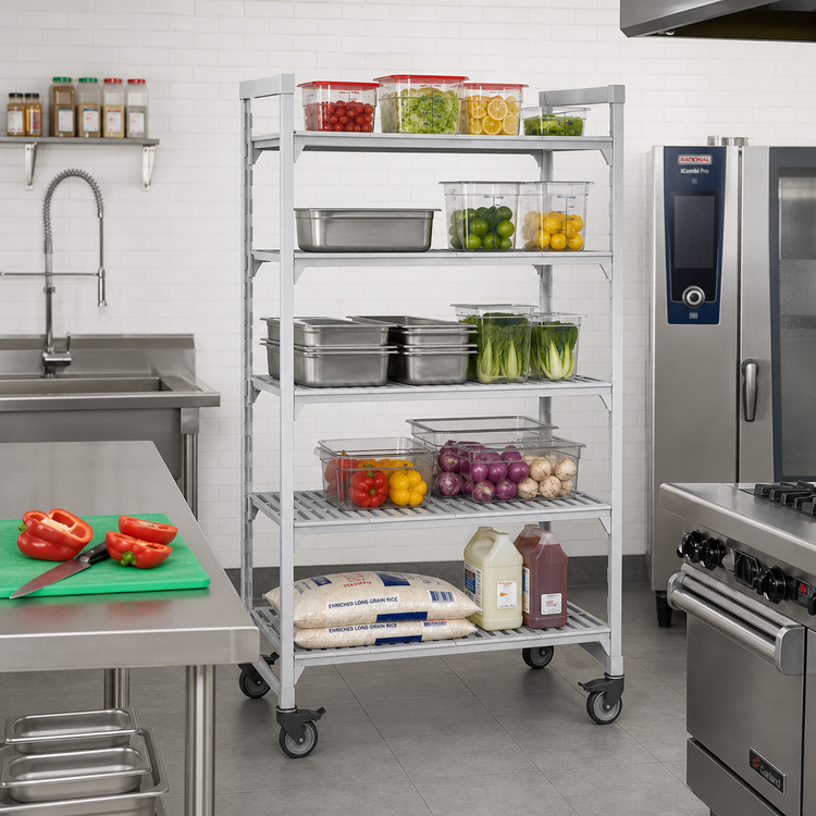 Product image #3 for Cambro Camshelving Premium 24"W x 48"L x 75-1/4"H 5-Tier Vented Mobile Starter Unit, Speckled Gray