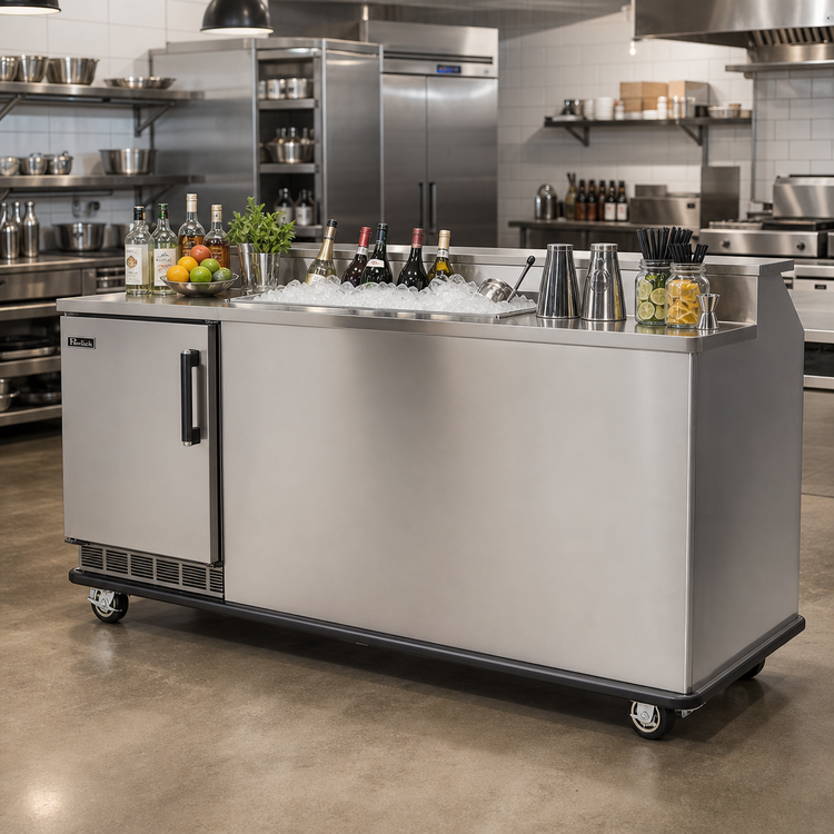 Product image #2 for Stainless Steel Mobile Bar with 60 lb. Ice Bin and Underbar Server