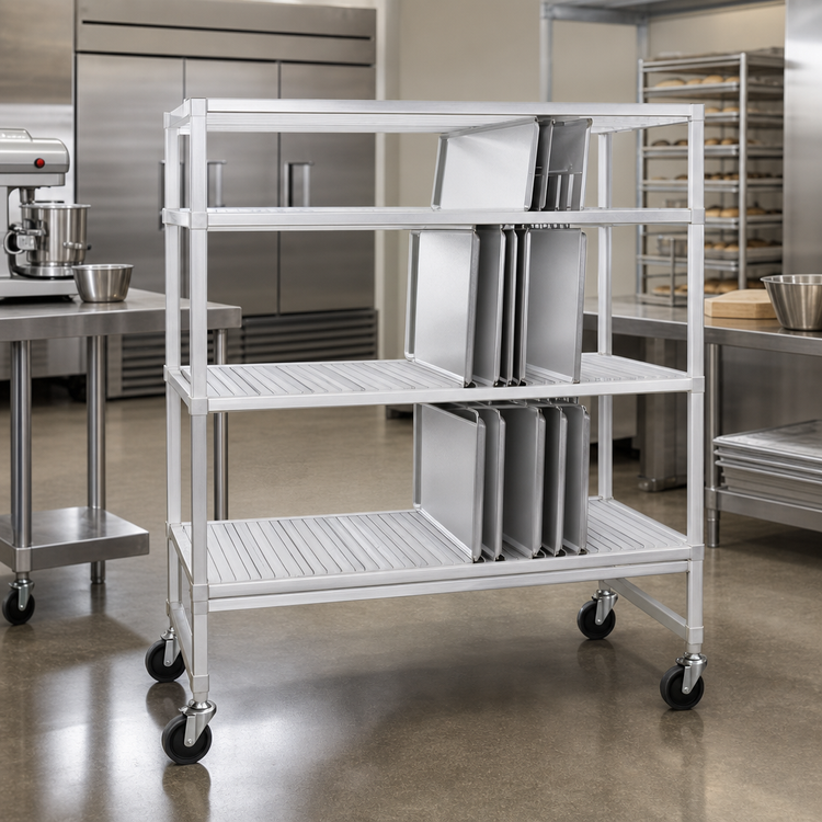 Product image #2 for Channel Manufacturing Mobile Adjustable Aluminum Tray Drying Rack, 63 x 30 x 60 Inches, 3 Shelves, 21 Slots per Shelf