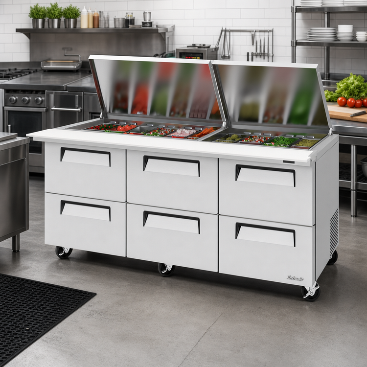Product image #2 for Turbo Air Super Deluxe 72-5/8-Inch Three-Section Refrigerated Mega Top Sandwich/Salad Prep Table, 6 Drawers, Flat Lid
