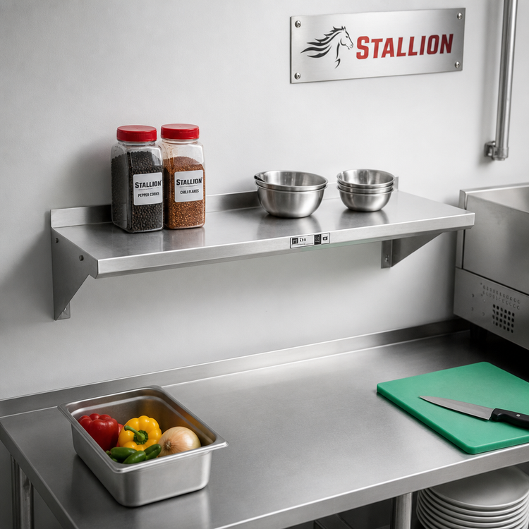 Product image #2 for Stallion Wall-Mounted 24 x 18 Inch 16-Gauge 300 Series Stainless Steel Shelf with Safety Edge and 1-1/2 Inch Rear Up-Turn