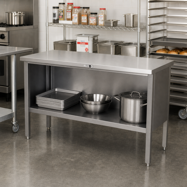 Product image #2 for John Boos Stainless Steel Open Front Enclosed Base Work Table, 48 x 24 Inch, 14-Gauge Top