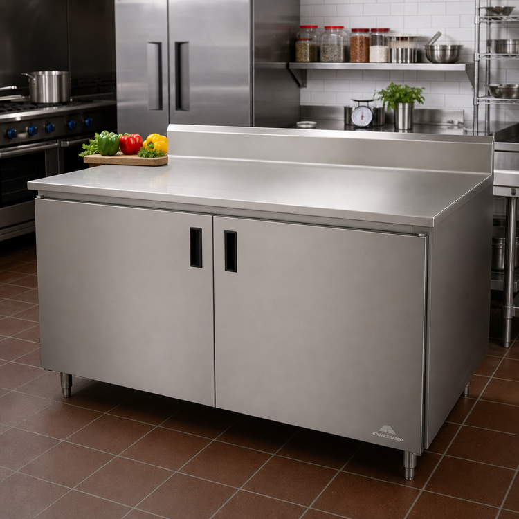 Product image #2 for Advance Tabco 108-Inch Enclosed Stainless Steel Work Table with Cabinet Base, Hinged Doors, and 5-Inch Backsplash