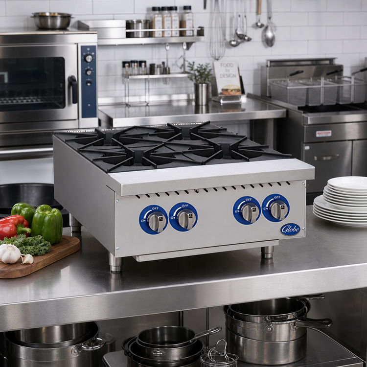 Product image #2 for Globe 24-Inch Commercial Gas Countertop Hot Plate, 4 Burners, Natural Gas/LP Convertible