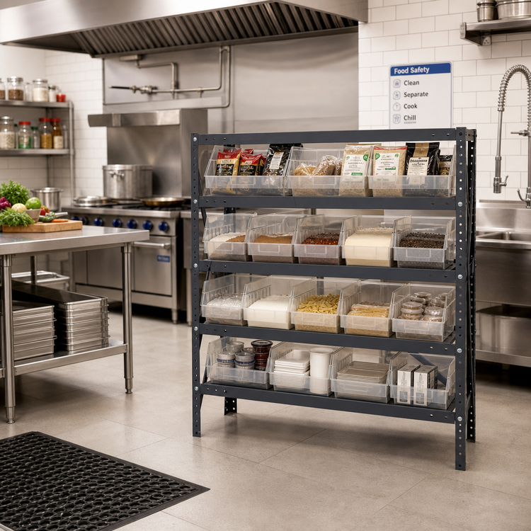 Product image #2 for Quantum Heavy-Duty Stationary Wire Shelving Unit with 5 Shelves and 12 Clear Bins, 36 x 18 x 39 Inches